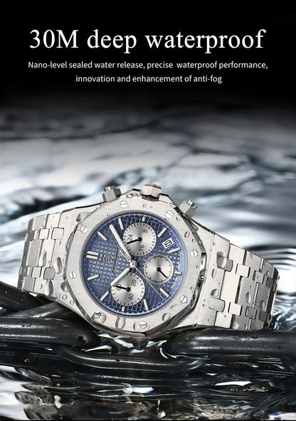 POEDAGAR Quartz Sapphire Chronograph Luminous Matte-Black